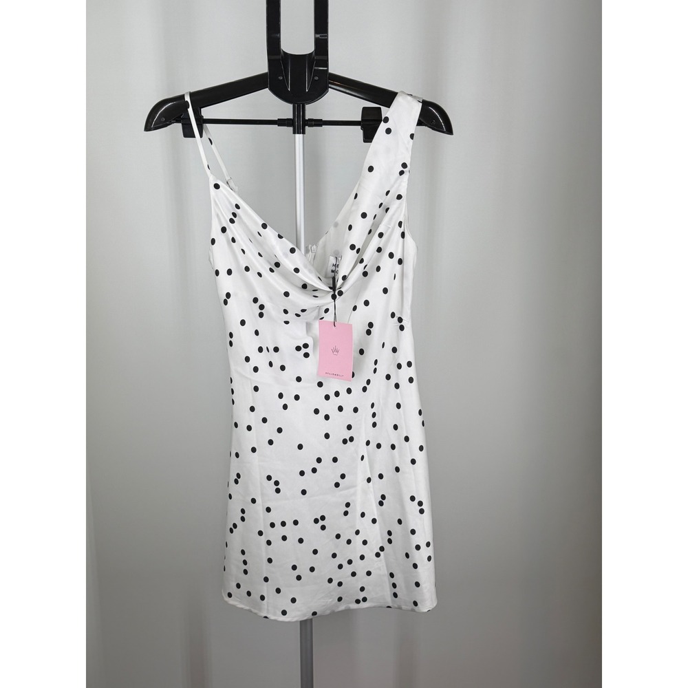 Hello Molly Polka Dot Mini Dress White Black Cowl Neck Asymmetrical Sleeveless 6